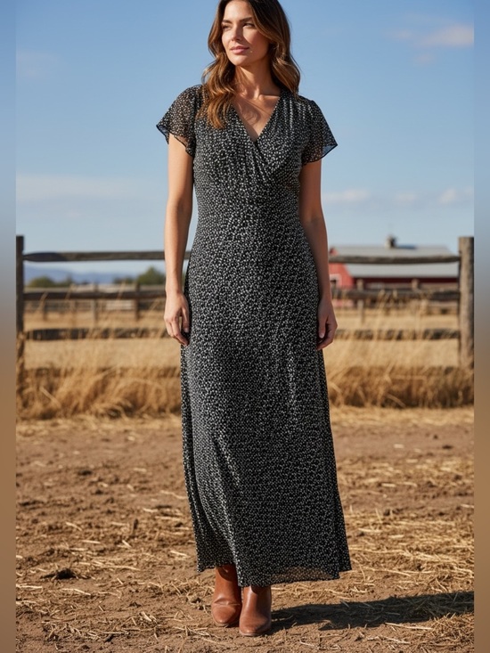 JM Collection Dresses & Skirts - Beth Dutton-style maxi dress, 10, v-neck, ruffle sleeves, fitted Sexy Western